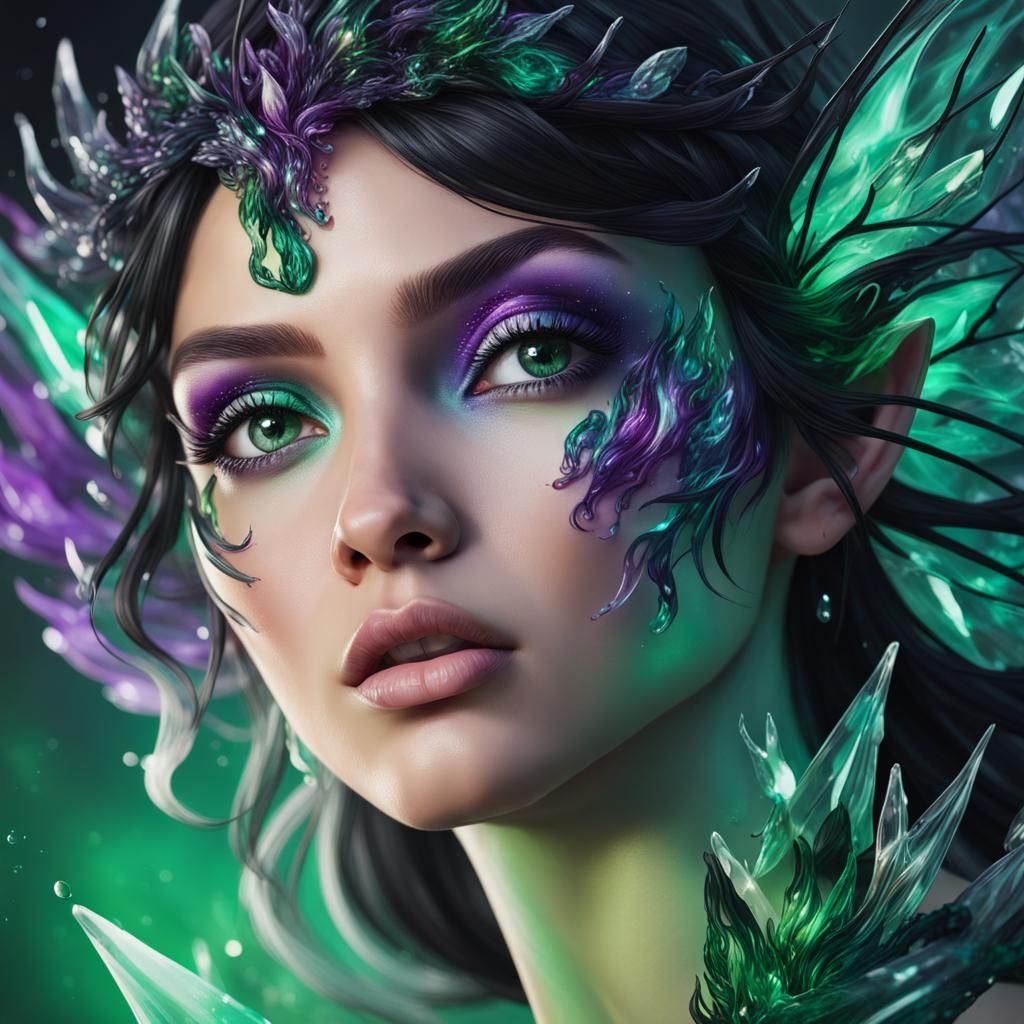 Crystal Fairy in Emerald Flames: Hyperrealistic Portrait