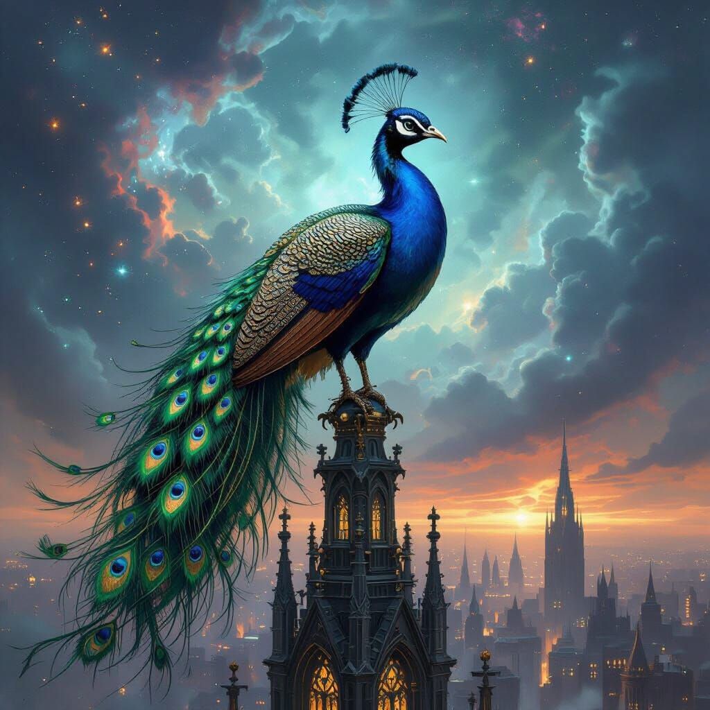 Clockwork Peacock on Gothic Spire in Cosmic City
