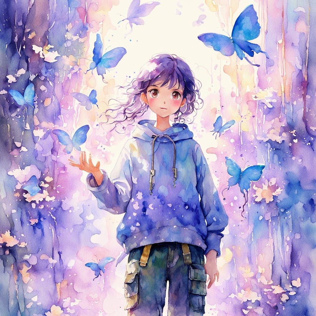 Dreamy Manga Portrait of a Woman with Iridescent Butterflies