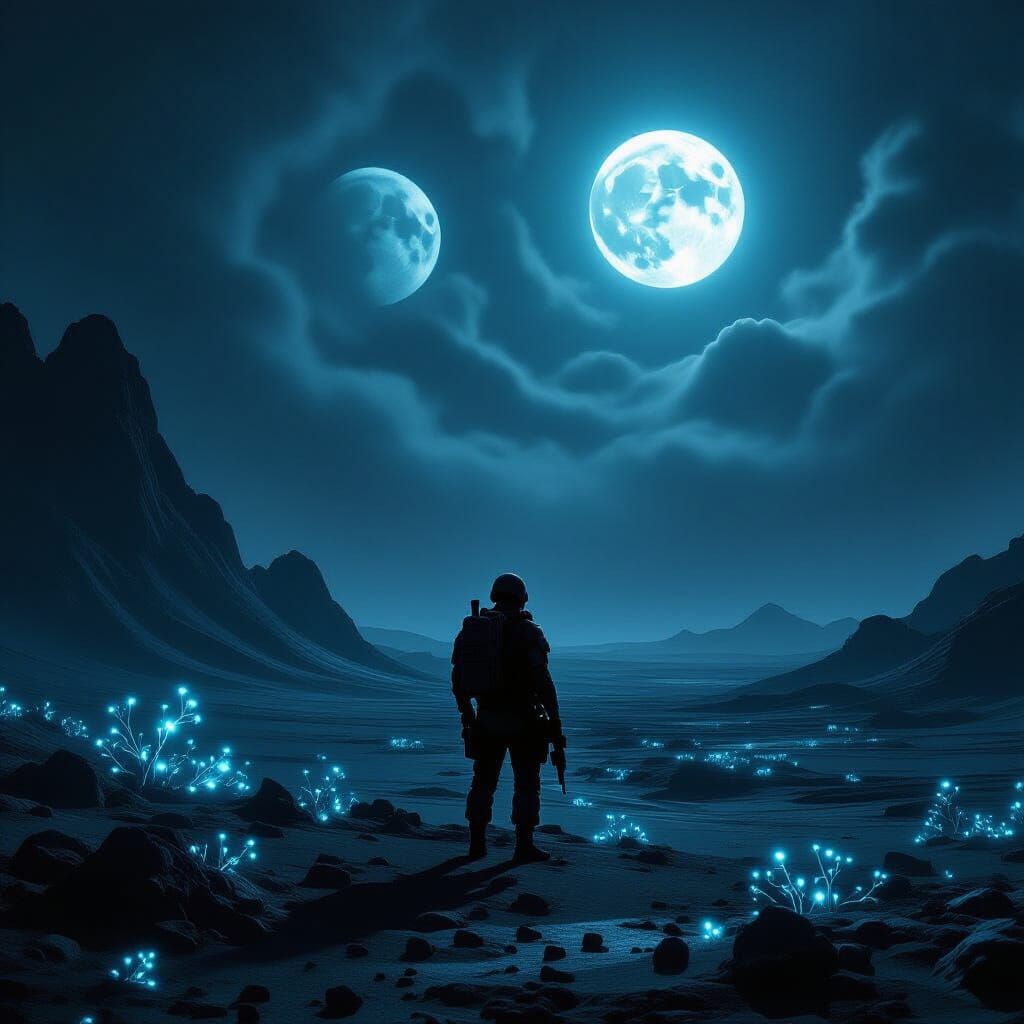 Lone Soldier on Alien Planet Under Two Moons