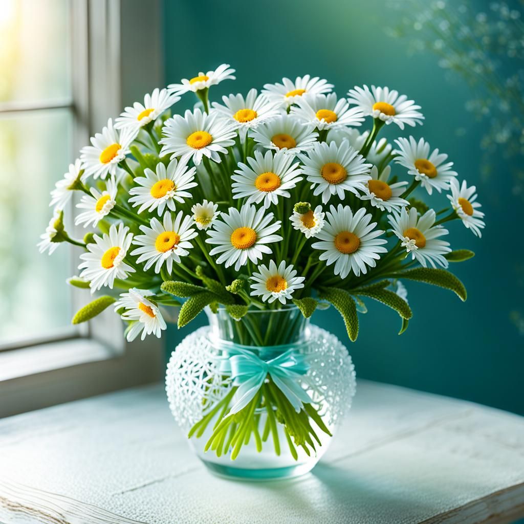 Frosted Daisy Bouquet in Intricate Glass Vase