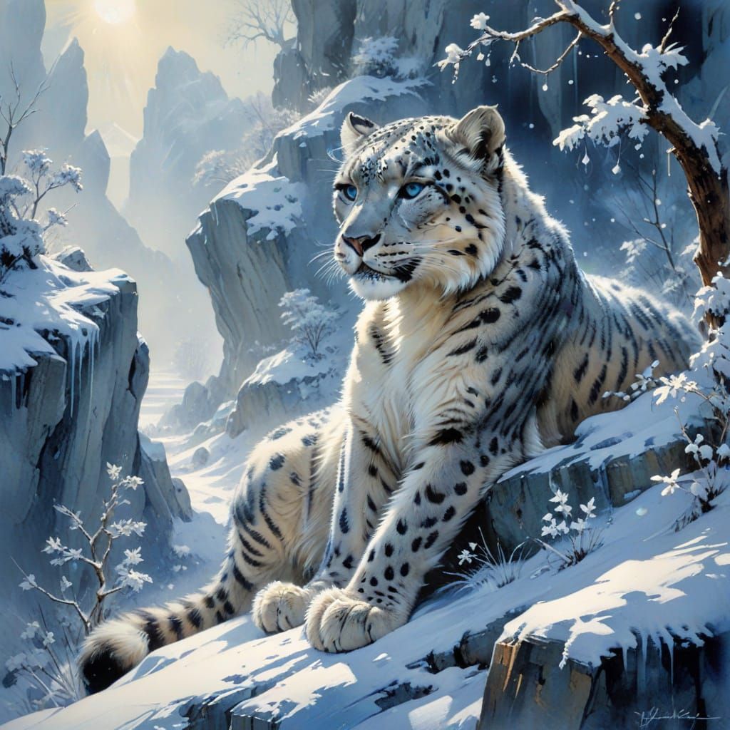 Majestic Snow Leopard in Crystal Winter Landscape