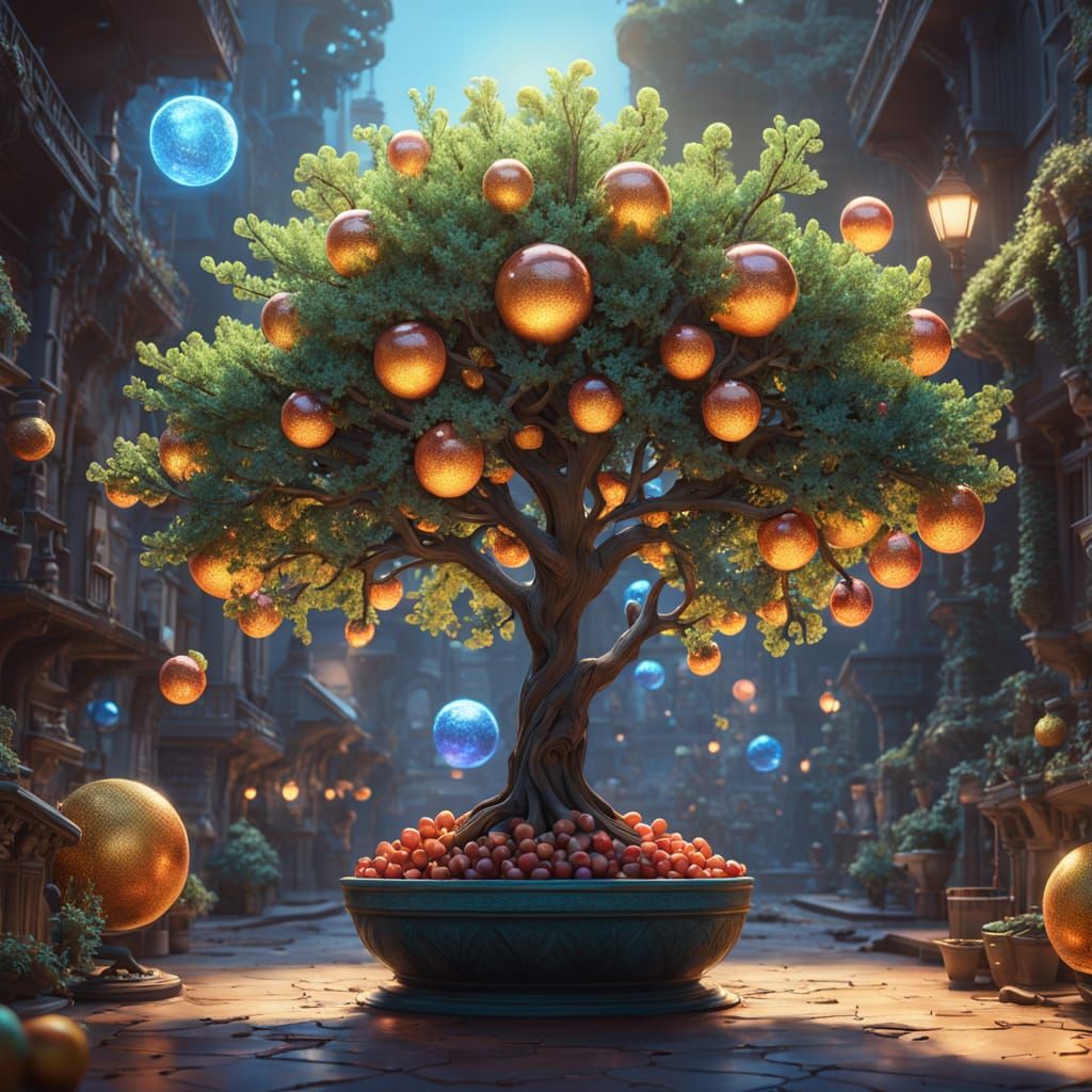 Sentient Tree Blooms with Iridescent, Luminescent Fruits