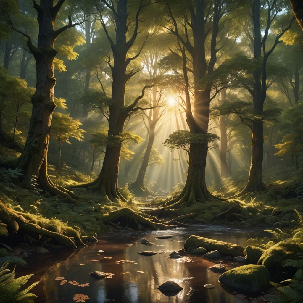 Enchanting Forest Scene in Golden Light