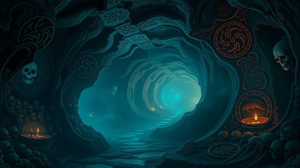 Ethereal Catacomb with Human Skulls and Bones in Labyrinthin...