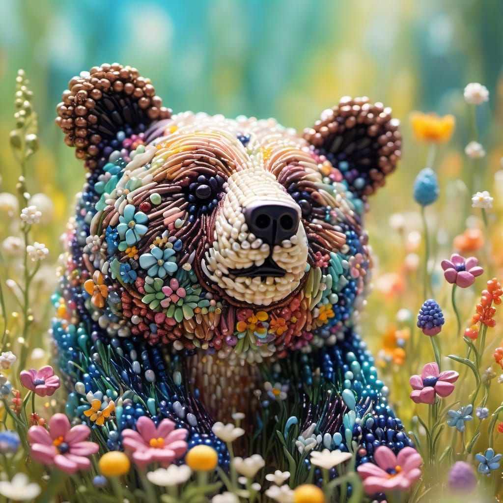Dreamy Beaded Bear Cub in Wildflower Meadow
