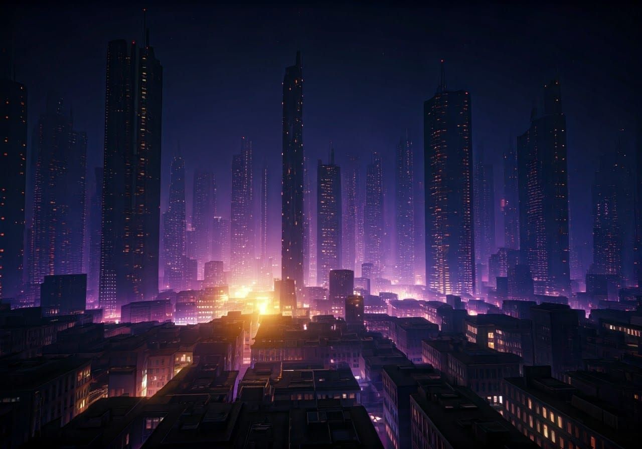 Futuristic Metropolis Engulfed in Iridescent Mist