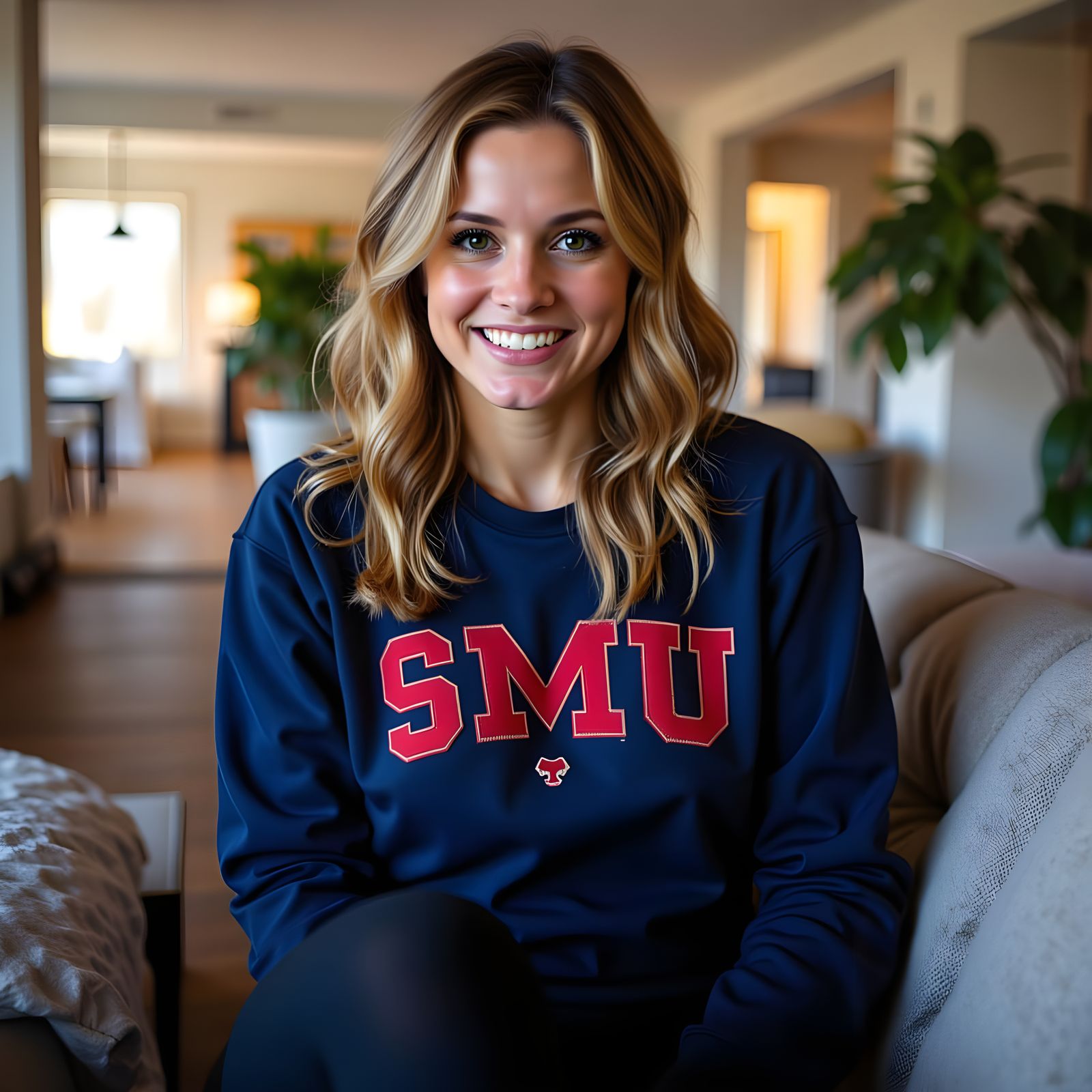 Young Woman with Blonde Hair in SMU Sweatshirt on Sofa