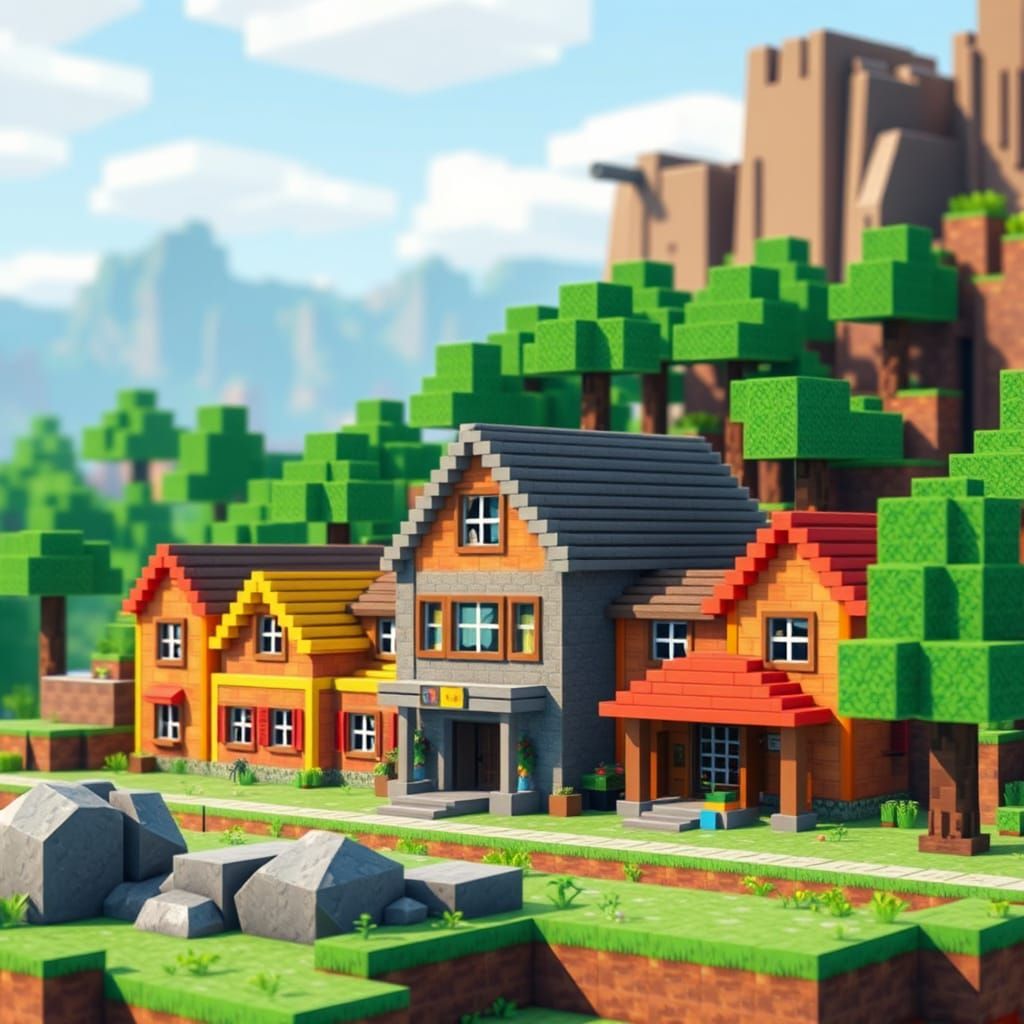 Pixelated Minecraft School in 8-Bit Aesthetic