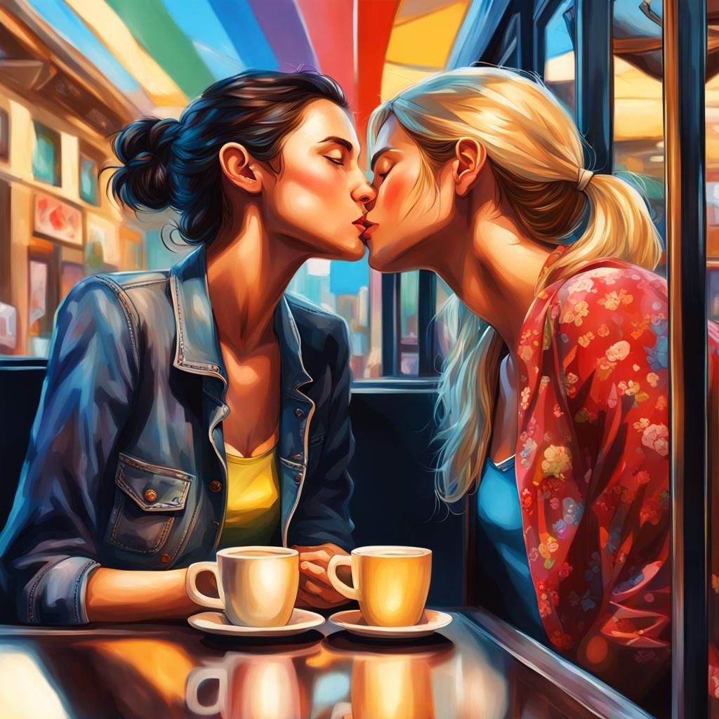 Two Women Kissing in Cafe: Hyperrealistic Splash Art