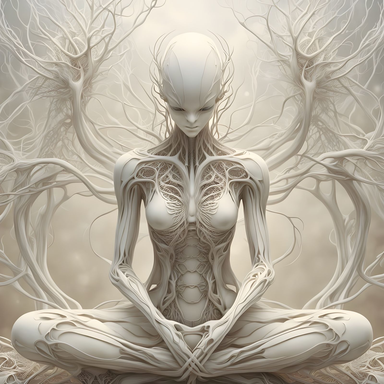 Ethereal Biomorphic Figure with Bird in Giger Style