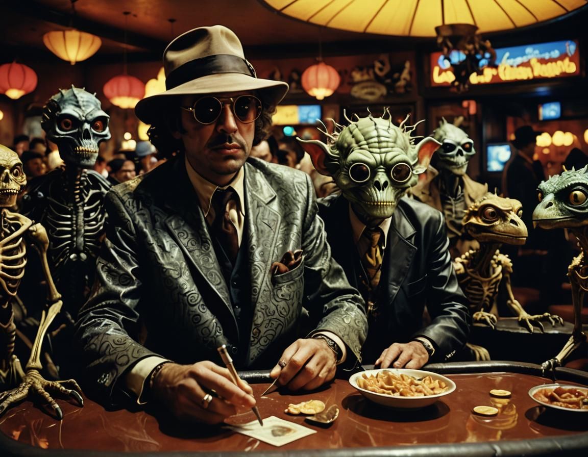 Monstrous Bar Scene in Burton-esque Dali-Giger Style