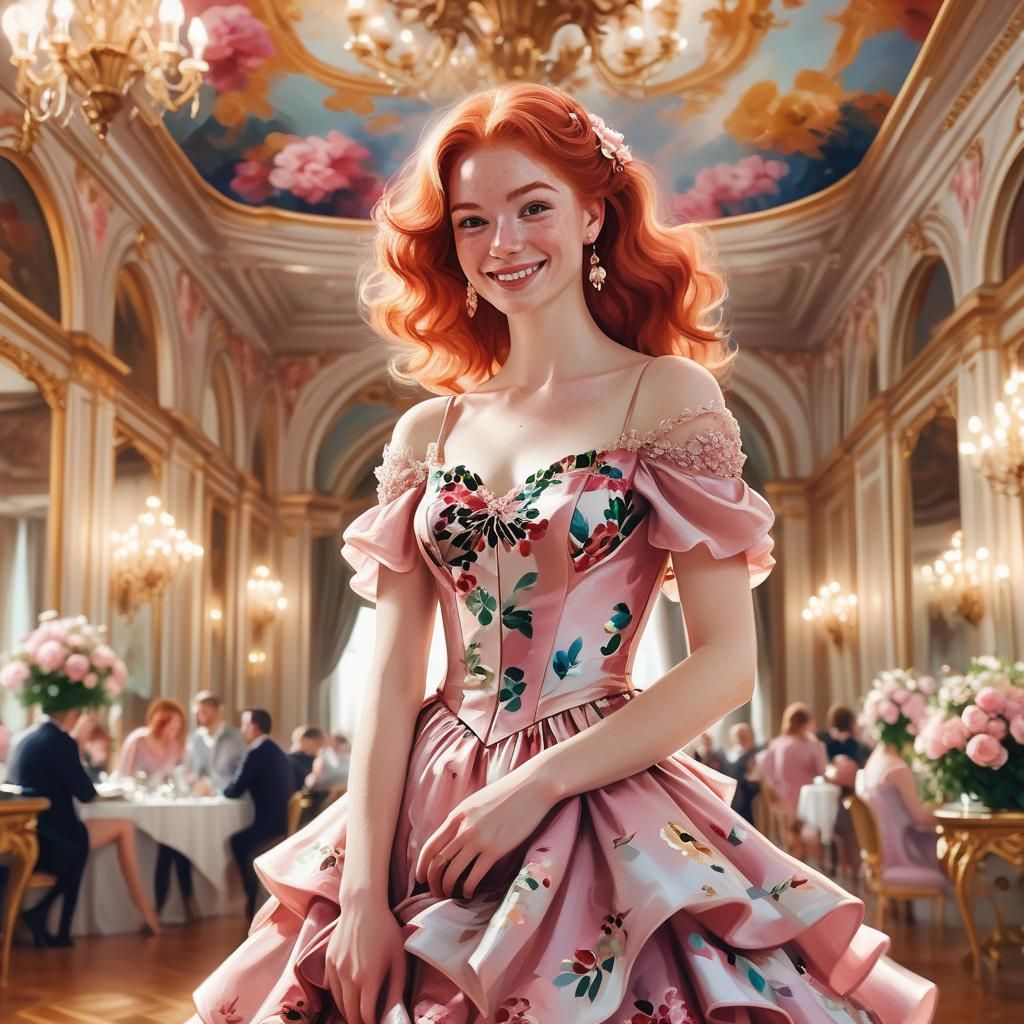 Elegant Lady in Pink Florals, a Rococo Digital Painting