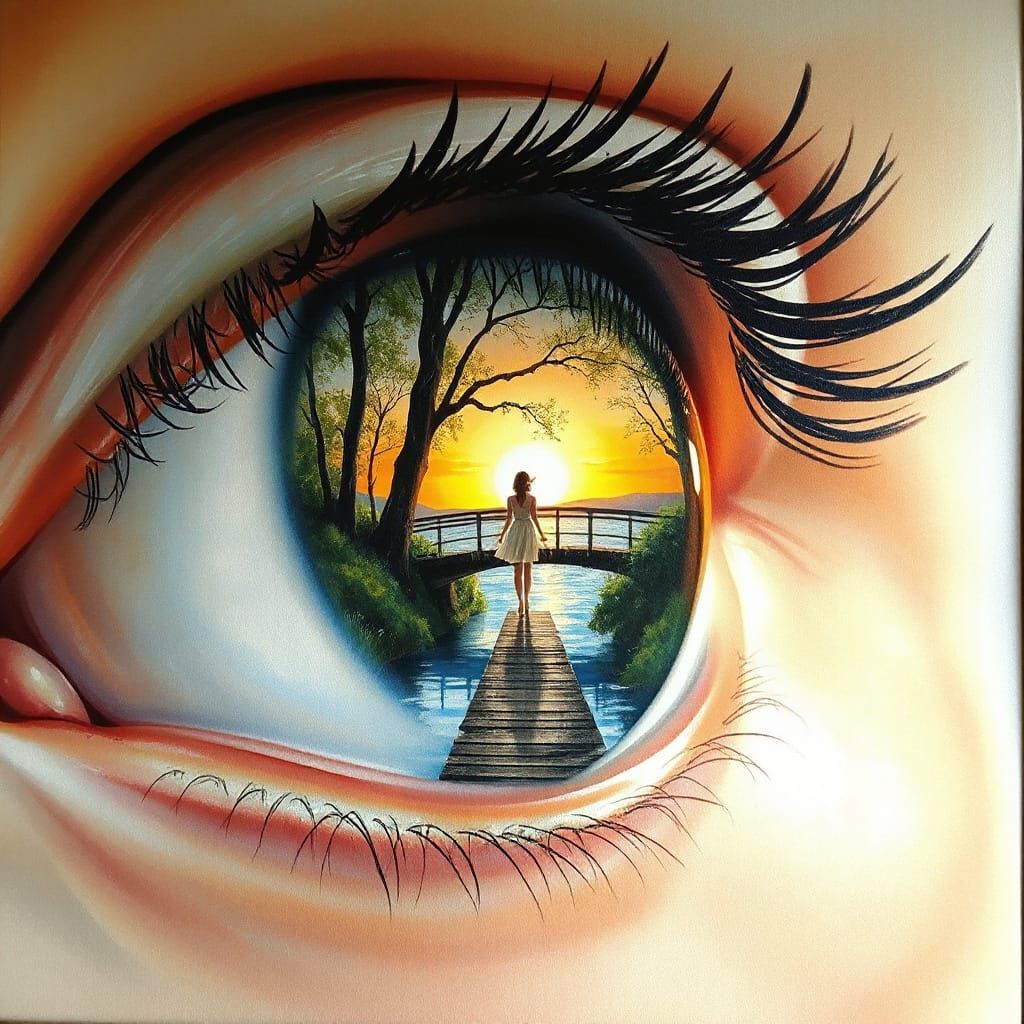 Eye with Spring Creek Landscape in Gouache Style