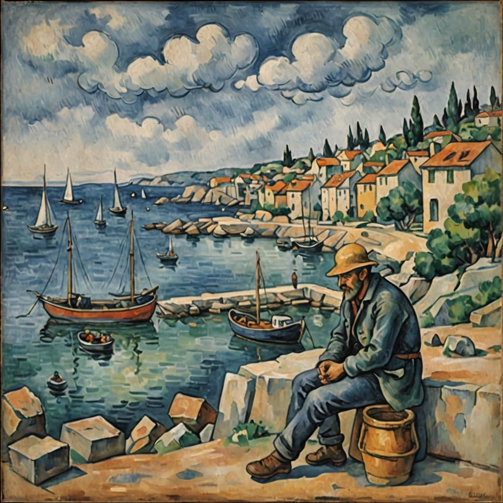 Harbor Scene with Fisherman in Post-Impressionist Style
