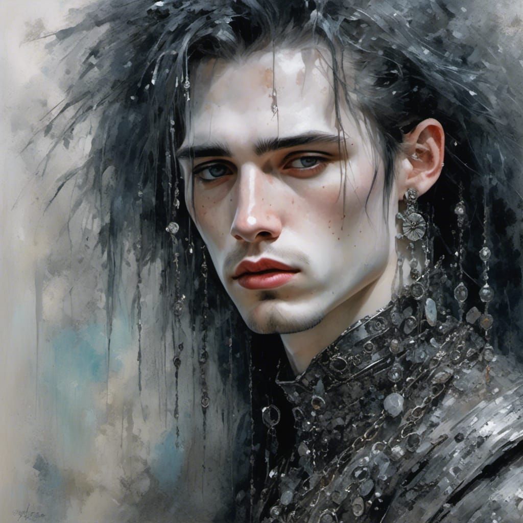 Goth Man Portrait with Spiked Jewelry in Watercolor