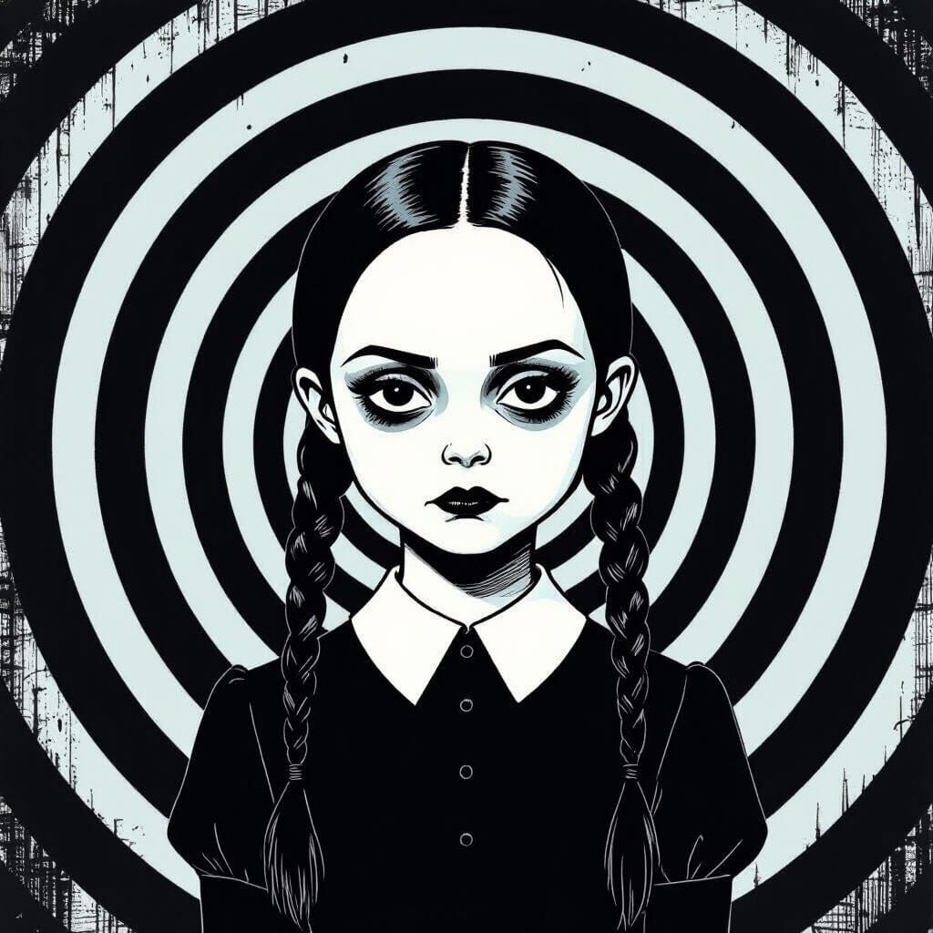 Wednesday Addams in Graphic Novel Style with Concentric Circ...