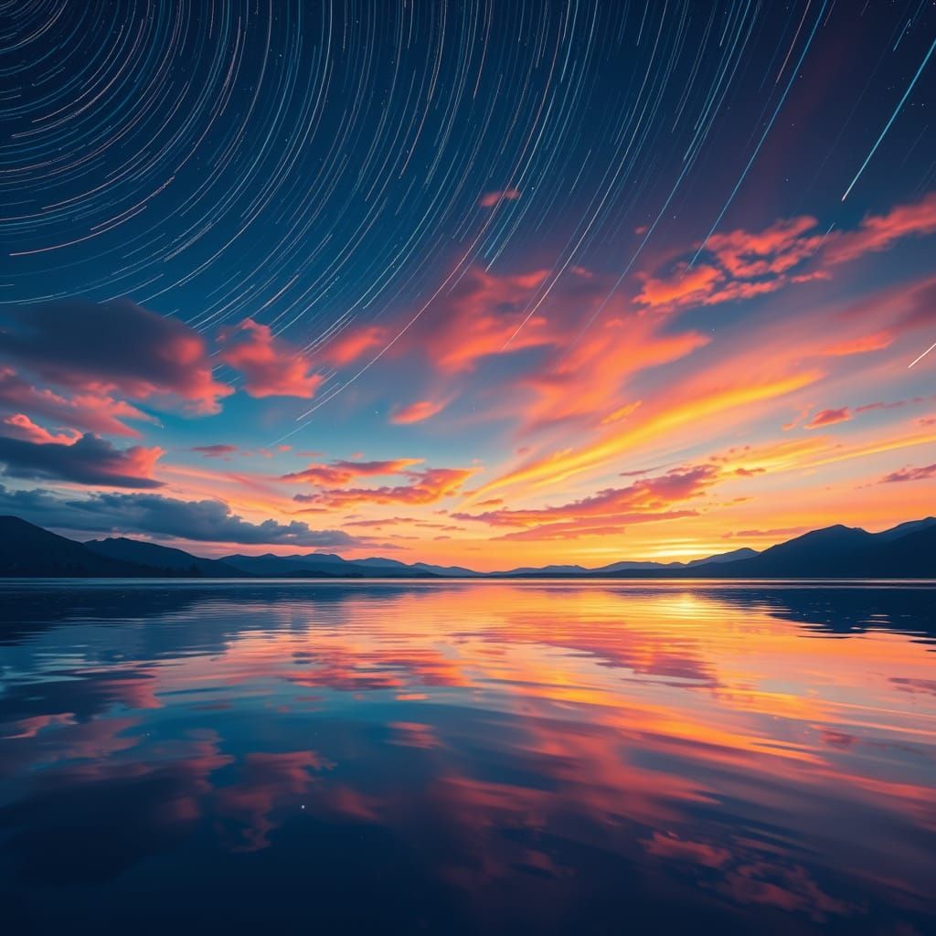 Dreamy Sunset Lake Scene with Shooting Stars in the Night Sk...