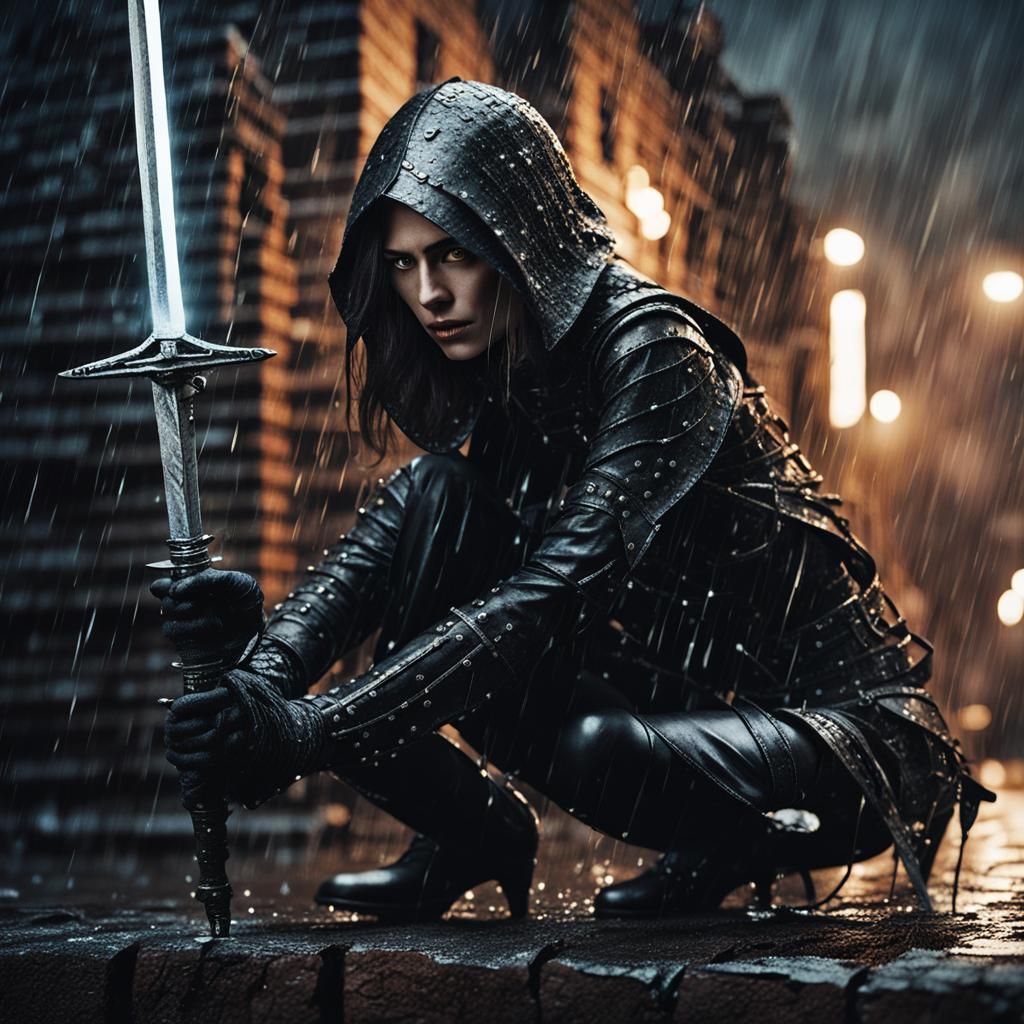 Dark Fantasy Warrior in Rainy Cityscape