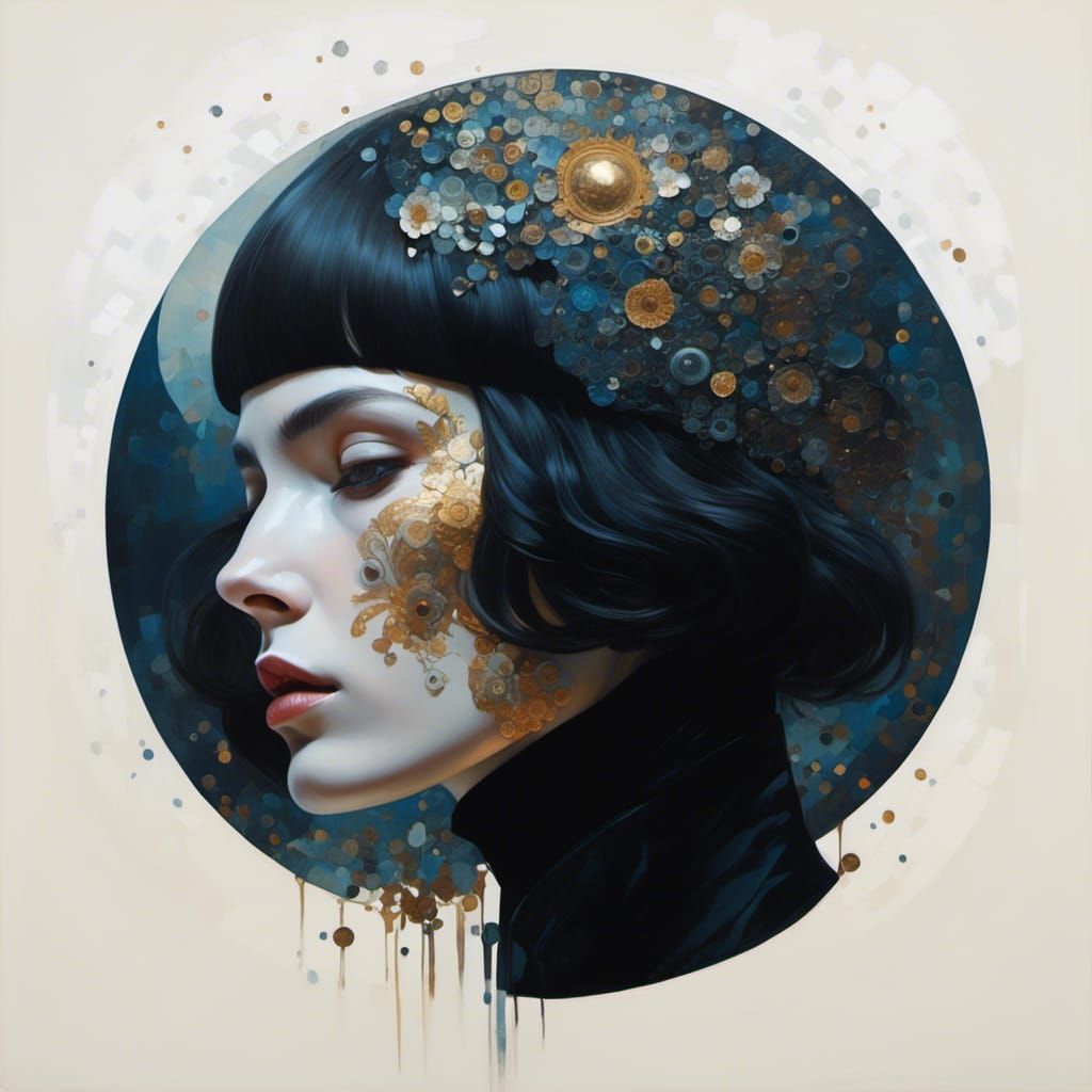 Klimt-Inspired Sun Profile Collage with Halftone Patterns