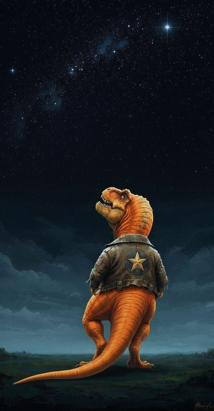 Orange T-Rex Gazing at Starry Sky as Oil Painting