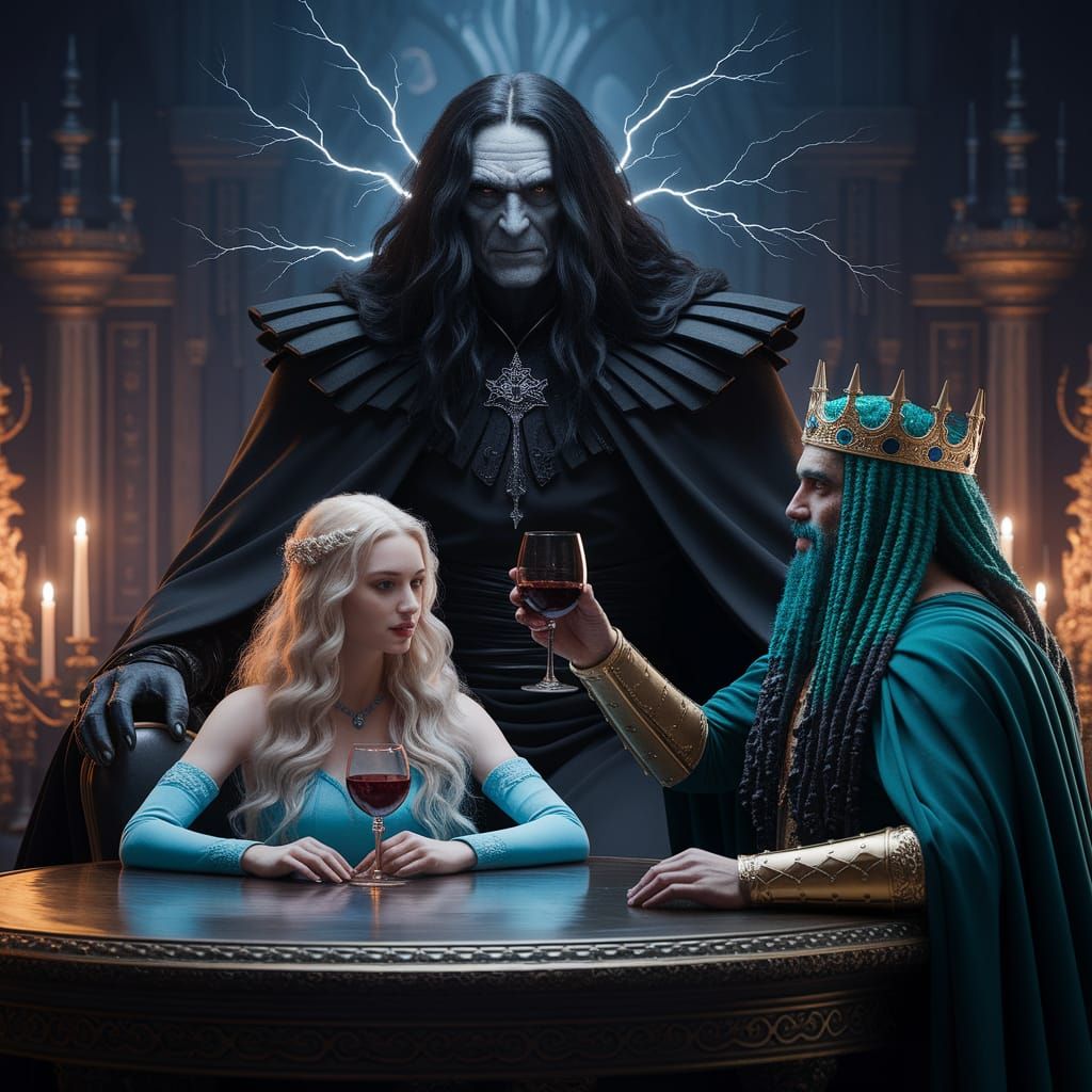 Dark Lord Sits in Grand Castle Hall with Mysterious Guests