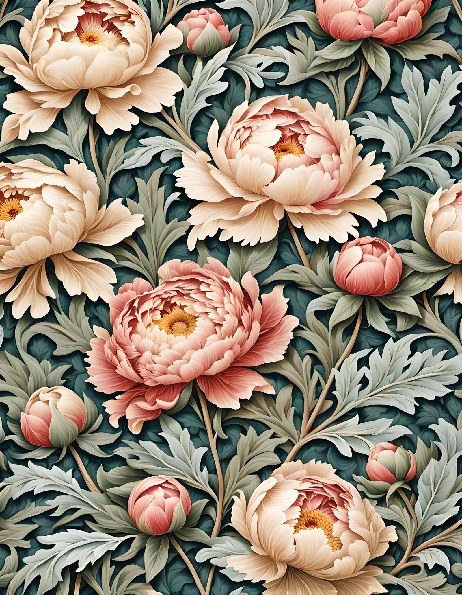 William Morris Style Peony Pattern in Light Hues