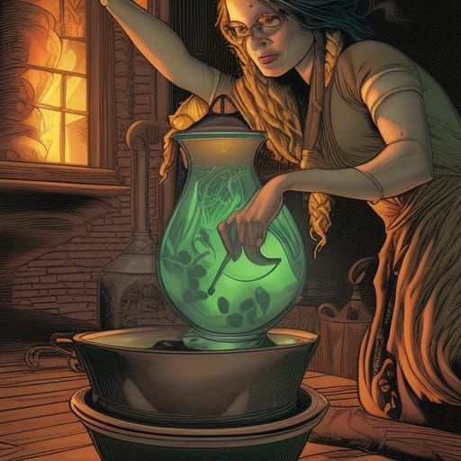 Witch Brews Potion in Comic Book Style