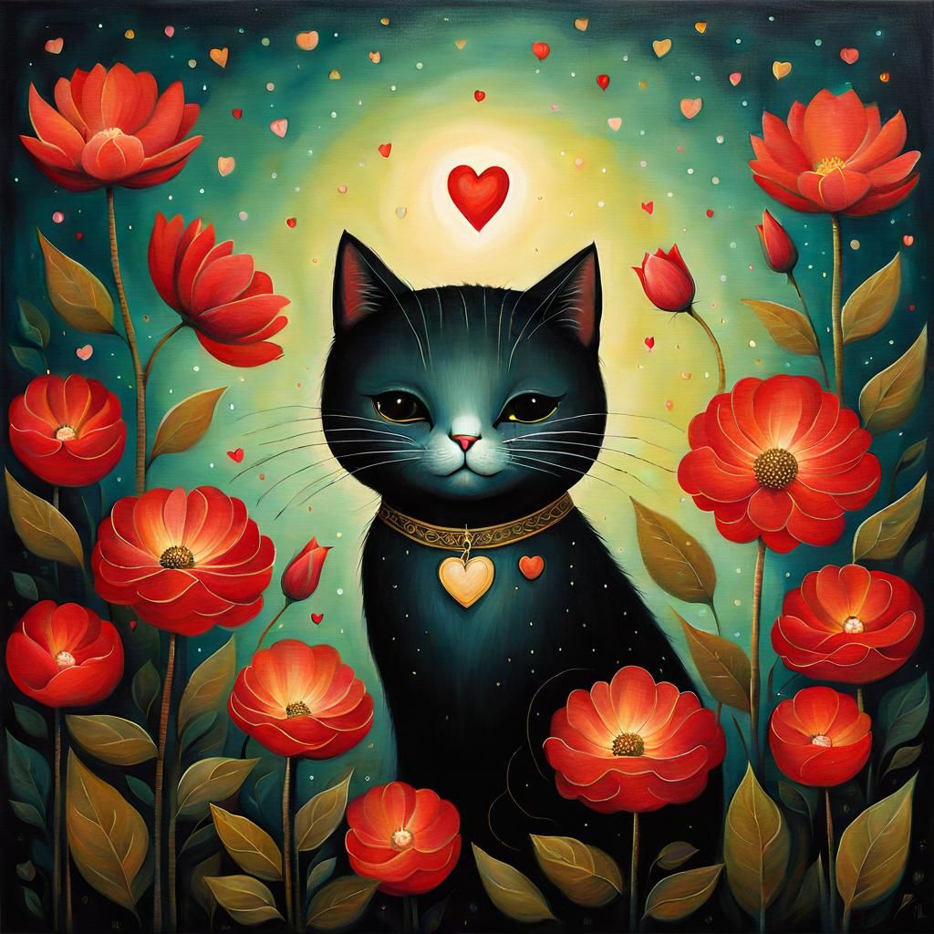 Cat Surrounded by Flowers in Symbolist Style