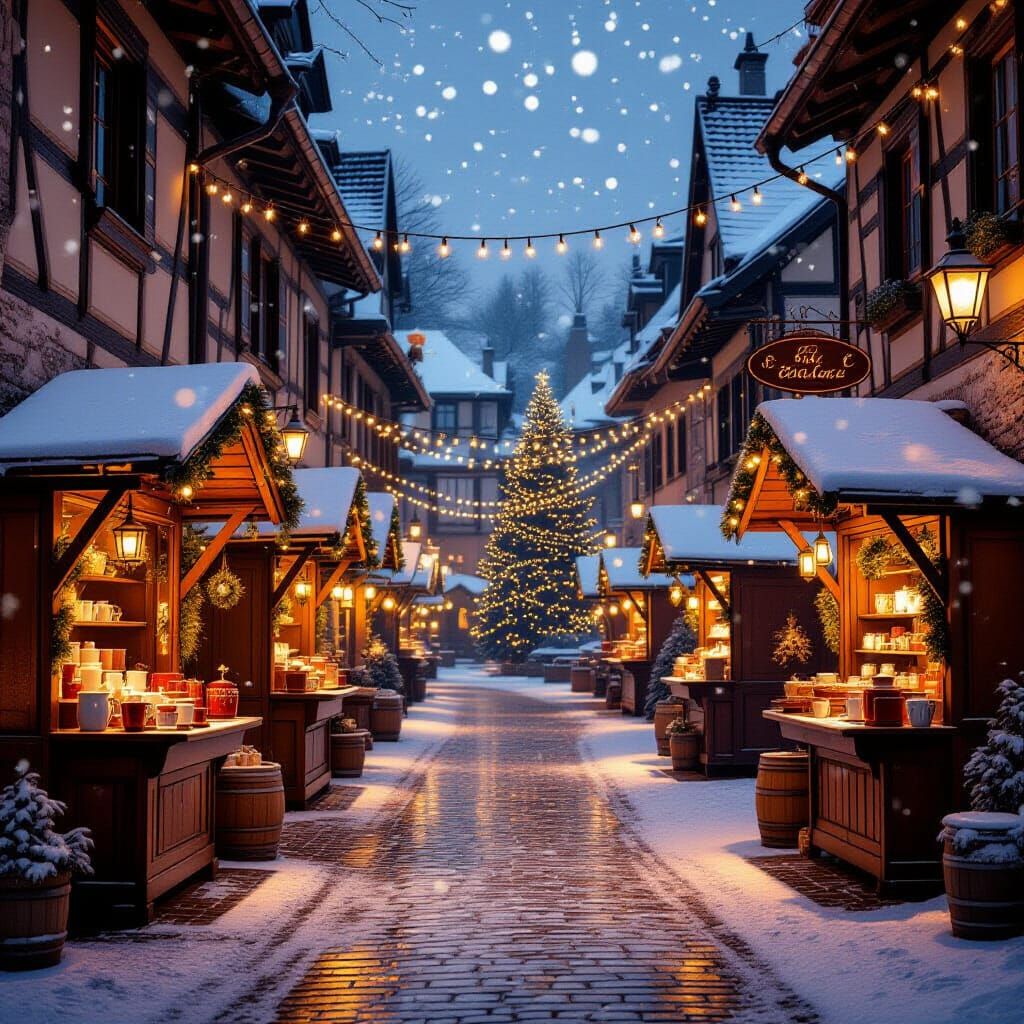 Winter European Square with Market Stalls and String Lights