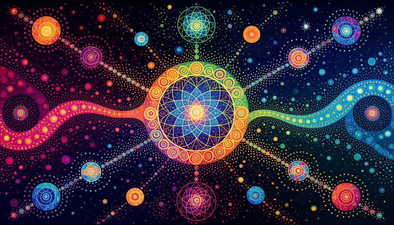 Holographic Cosmic Beads in Visionary Art Style