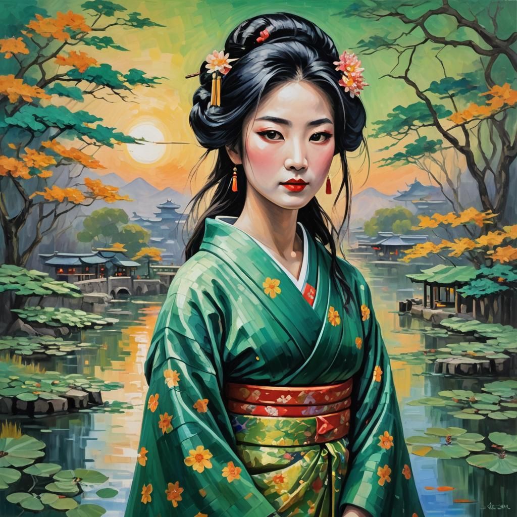 Geisha in Emerald Kimono with Impressionist Background