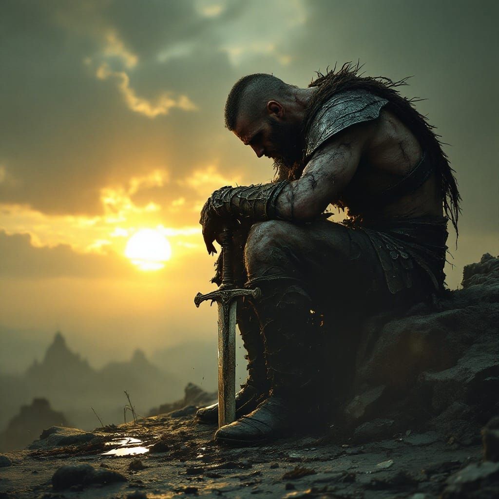 Warrior's Sorrow in Dark Fantasy Landscape