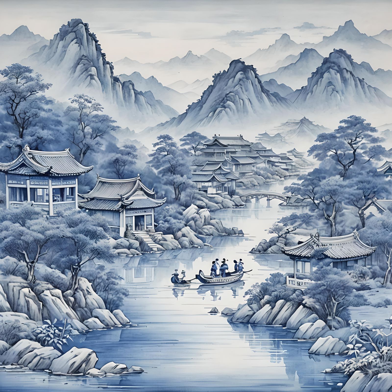 Chinese Village Scene in Blue Porcelain Style