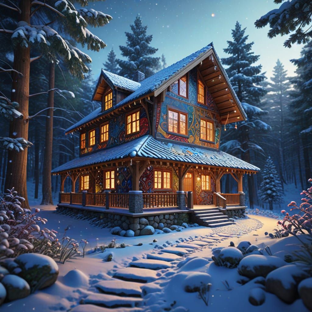 Wooden House in Winter Forest with Fractal Zentangle Art