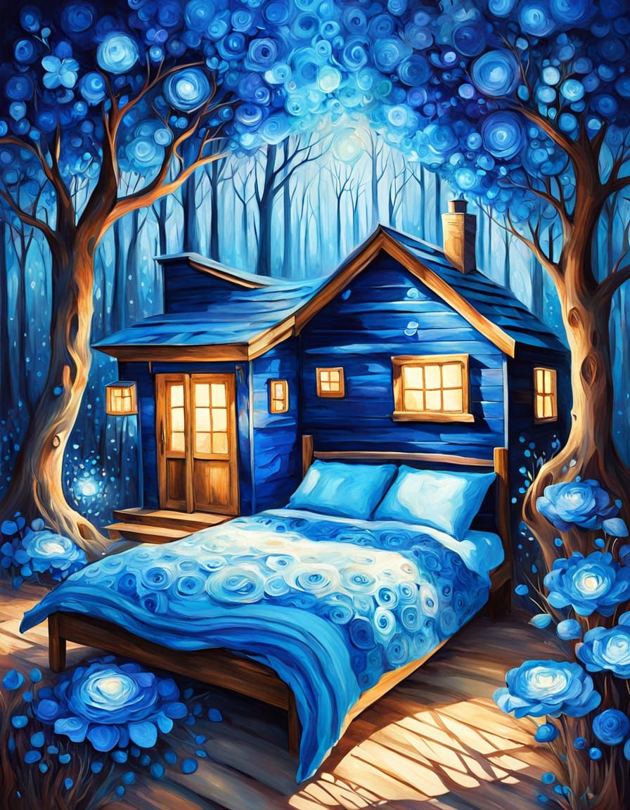 Cozy Blue Cabin with Abstract Sapphire Flowers