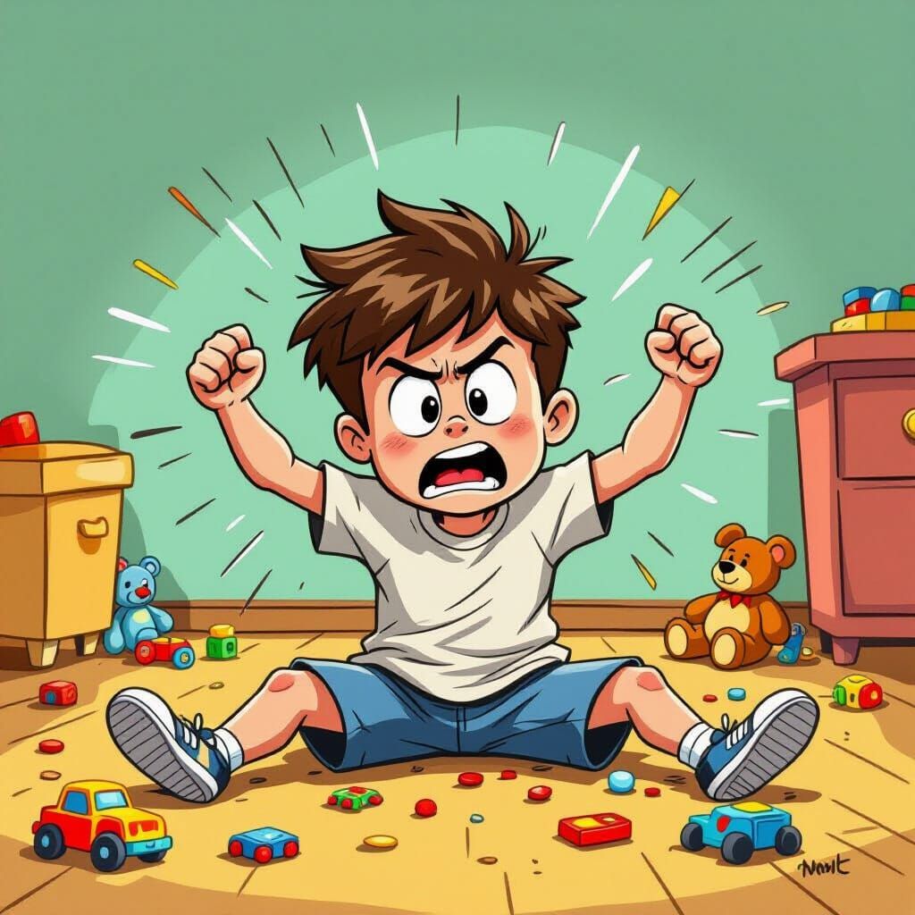 Boy's Comical Tantrum in Cartoon Style