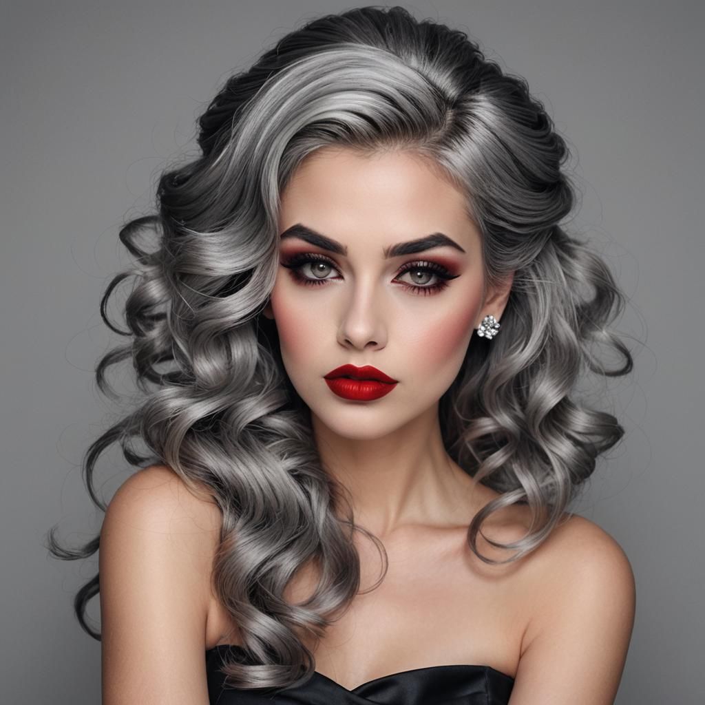 Stunning Woman with Grey Hair and Smoky Eyes