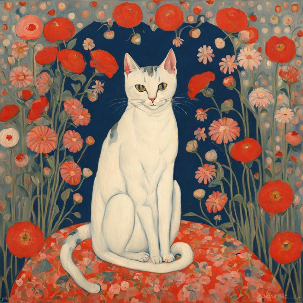 Cute Cat Surrounded by Flowers in Symbolic Style