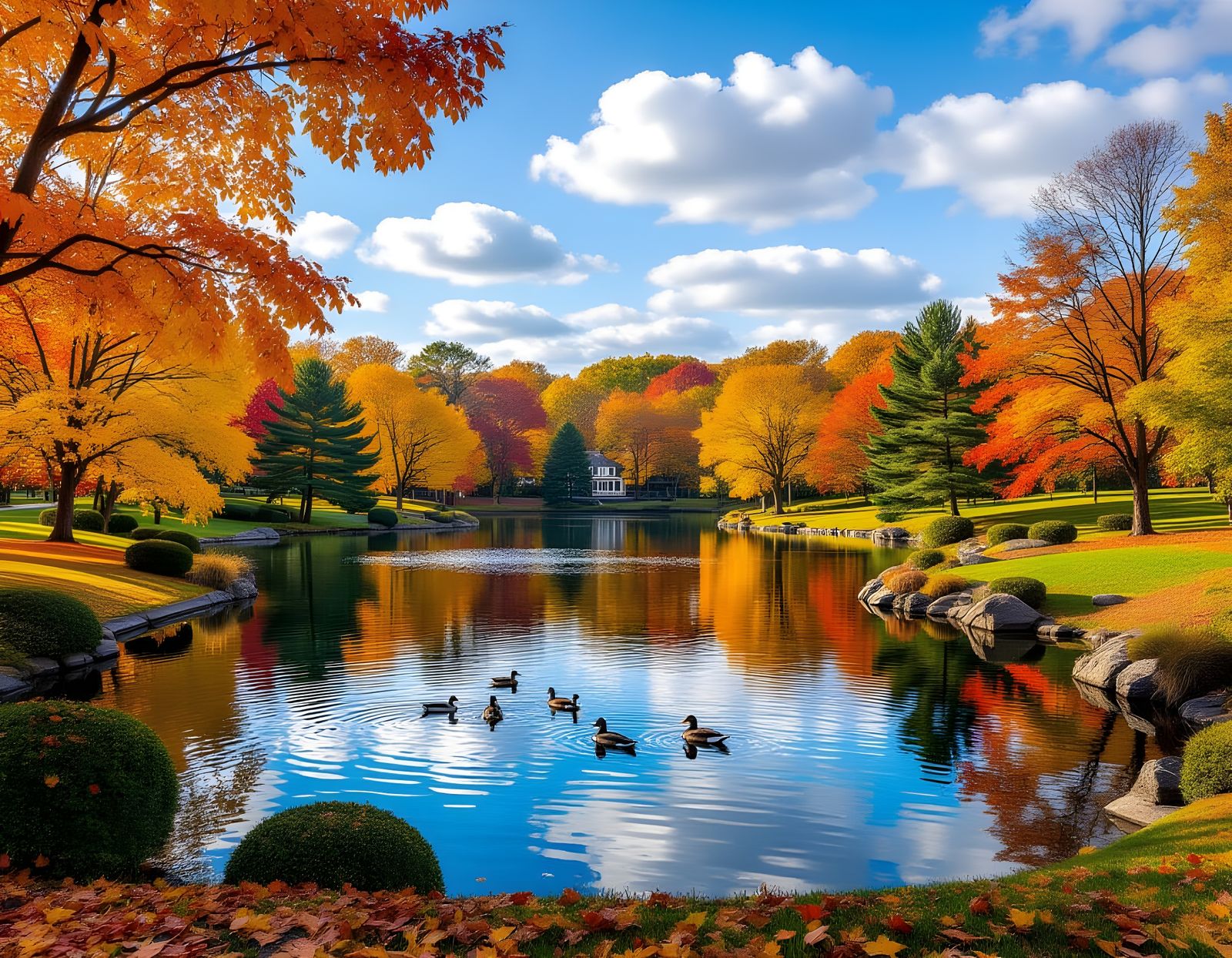 Autumn Park Pond with Ducks: 3D Masterpiece