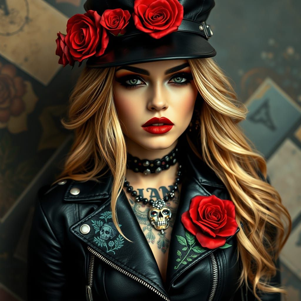 A stylized digital painting of a rebellious , tattooed, golden haired woman wearing a black leather jacket and a leather...