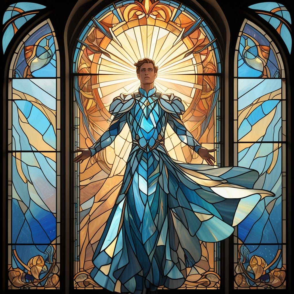 Masculine Figure in Stained Glass Dress Celestial Backdrop