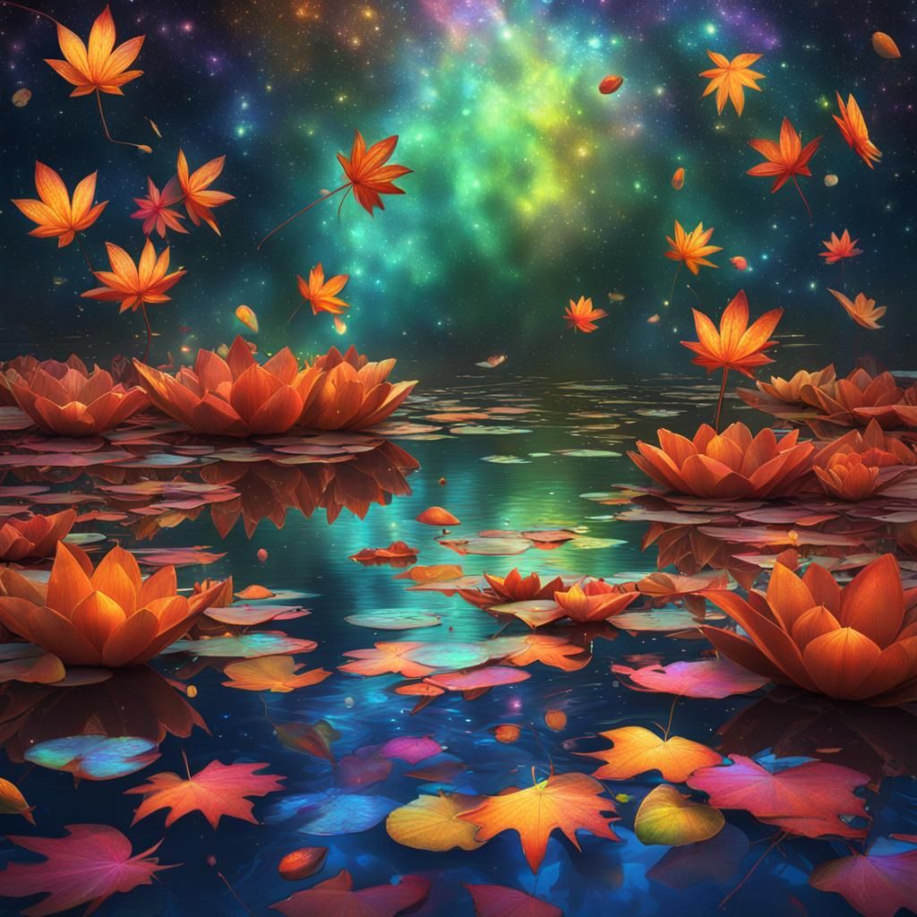 Autumn Leaves Falling on Pond: Cosmic Illustration