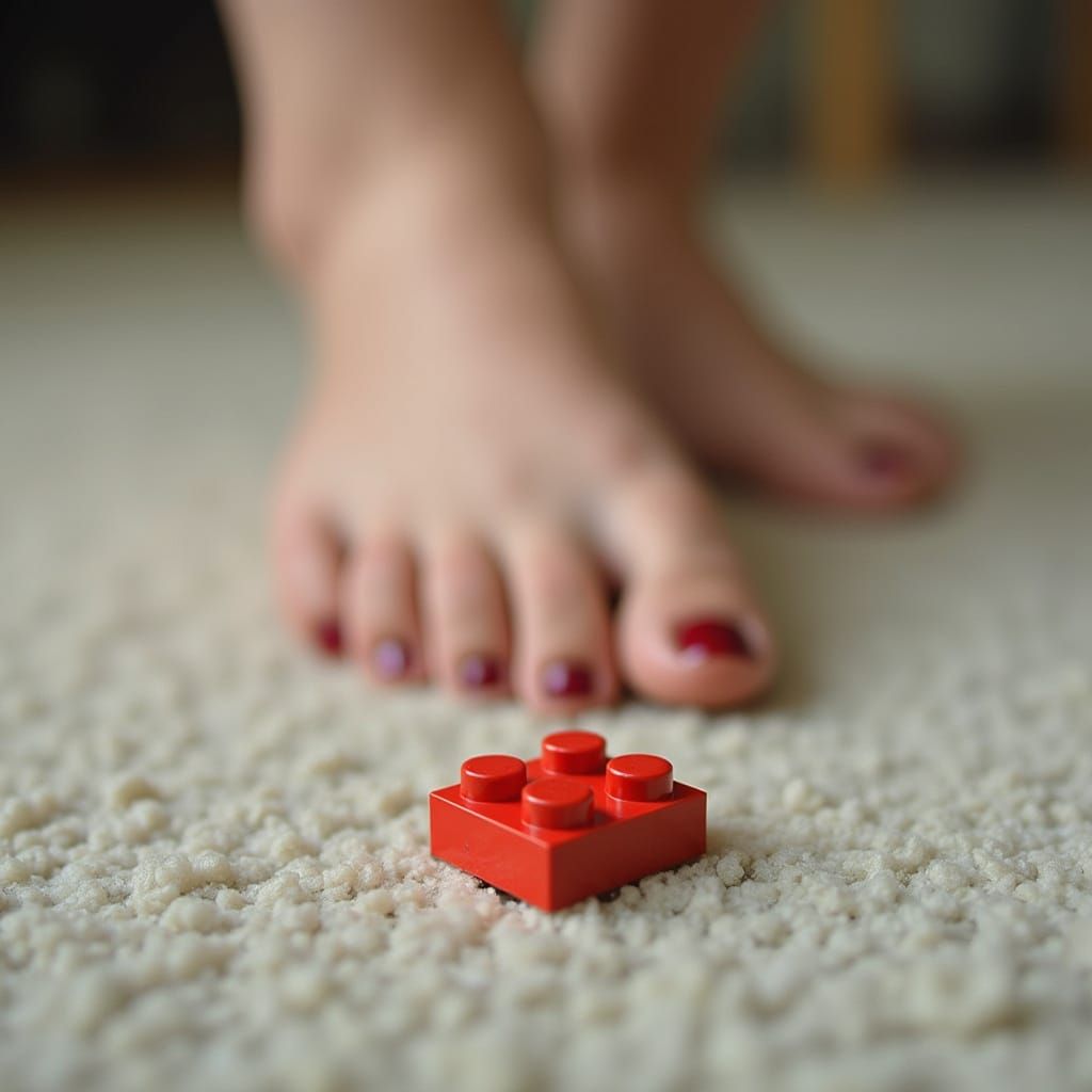 Macro of Foot Stepping on Lego Brick on Carpet