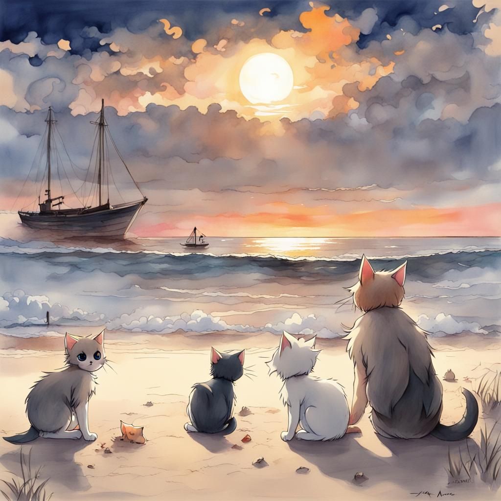 Sunset Kittens on the Beach in Anime Style