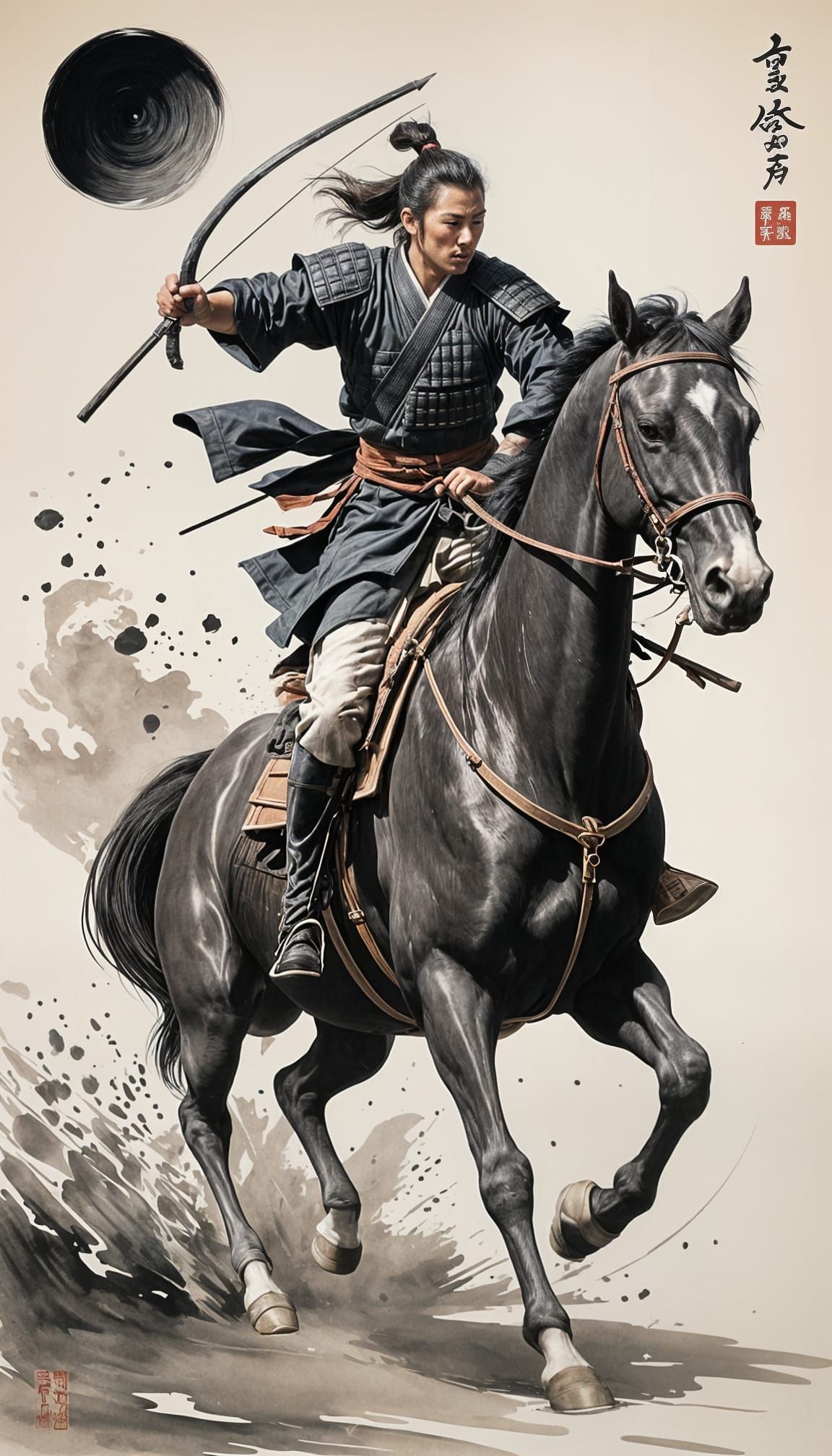 Samurai Archer on Horseback in Sumi-e Style