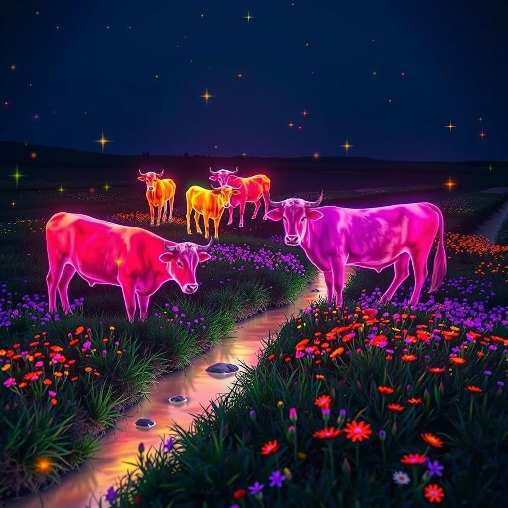 Fluorescent Meadow with Neon Cows and Bioluminescent Stars
