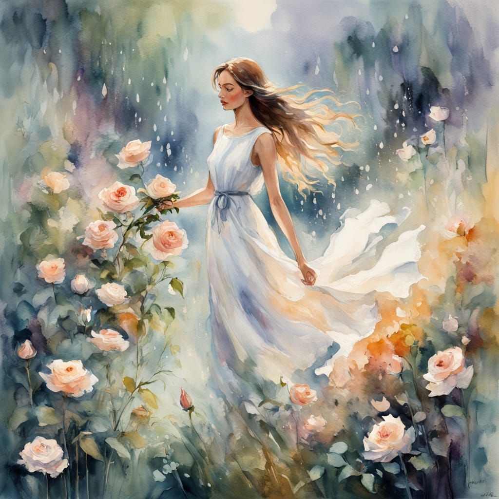 Ethereal Garden Goddess in Whimsical Watercolor