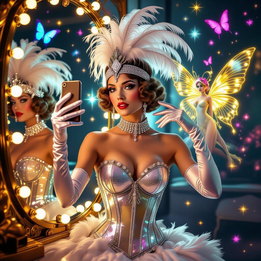 Glamorous Showgirl Selfie with Surreal Mirror Reflections