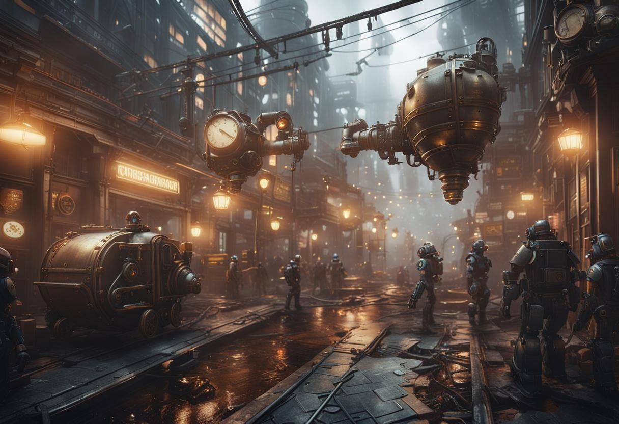 Steampunk Cyber-City in Dense Fog, Cinematic 3D